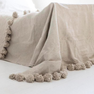 Bed Cover – Beige Blanket, Moroccan Pompom Blanket in Ivory Color