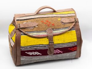 Handmade Moroccan Kilim Leather Weekender Bag – Vintage Bohemian Duffel