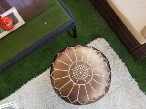 Moroccan Leather Pouf Ottoman with Top Embroidery – Available in Various Colors
