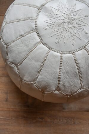Handmade Moroccan Leather Pouffe – White – Ottoman, Footstool, Floor Cushion