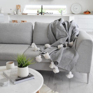 Gray Moroccan Pom Pom Throw Blanket – Bohemian Decor Bedcover – Blanket Sofa – Cotton Blanket with Tassels