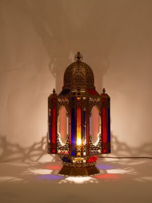 Handmade Brass Moroccan Table Lamp with Colored Glass – Intricate Metalwork – 30cm x 60cm