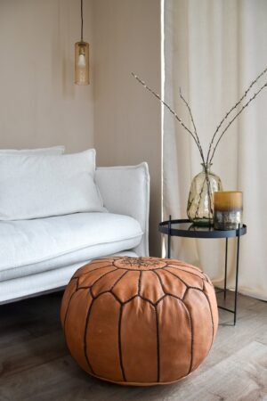Moroccan Leather Pouffe – Stuffed Ottoman, Footstool, Floor Cushion (Caramel Brown)
