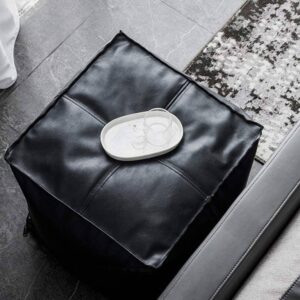 Black Boho Leather Cube Pouf – Authentic Moroccan Handmade Ottoman – Versatile Footstool