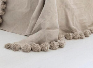 Bed Cover – Beige Blanket, Moroccan Pompom Blanket in Ivory Color