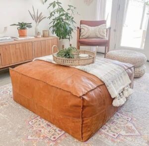 Premium Goat Leather – Footstool, Ottoman, Bohemian Lounge – Square Leather Pouf