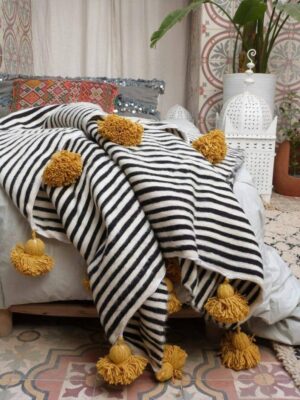 Handmade Wool Moroccan Blanket with Pompoms – Bedroom and Sofa Throw Blanket