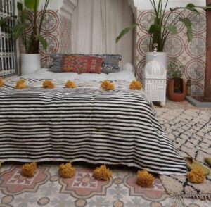 Handmade Wool Moroccan Blanket with Pompoms – Bedroom and Sofa Throw Blanket