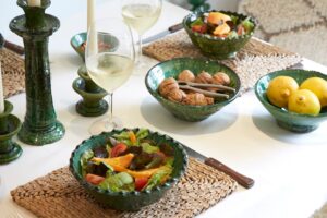 Set of 3 Green Handmade Ceramic Serving Bowl, Handpainted Fruit Bowl