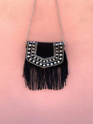 Moroccan Leather Fringe Purse, Boho Style Women’s Purse with Glitter Accents
