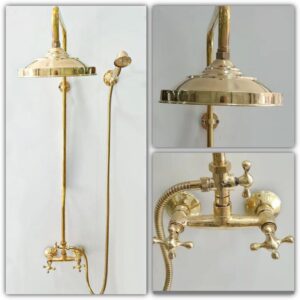 Unlacquered Brass Rain Shower System with Handheld Shower Faucet | Handheld Shower and Shower Head Combo