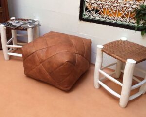 Moroccan Leather Pouf Ottoman – Handmade Pouffe with White Stitching