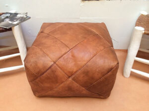 Moroccan Leather Pouf Ottoman – Handmade Pouffe with White Stitching