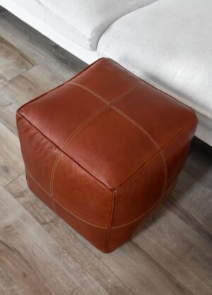 Modern Square Leather Pouf – Honey Brown – Handmade Ottoman, Footstool, Floor Cushion