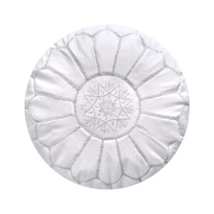 Handmade Moroccan Leather Pouffe – White – Ottoman, Footstool, Floor Cushion