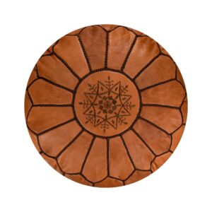 Moroccan Leather Pouffe – Stuffed Ottoman, Footstool, Floor Cushion (Caramel Brown)