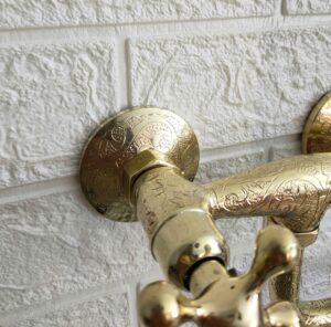 Handmade Wall Mounted Etched Kitchen Faucet | Solid Brass Faucet with Crooked Spout