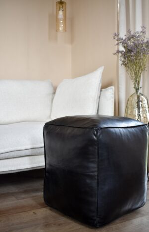 Premium Square Leather Pouf XL – Black – Handmade Ottoman, Footstool, Floor Cushion