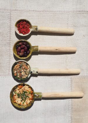 Green Glazed Serving Spoon, Handmade Ceramic and Acacia Wood Spoon, Fruit Bowl