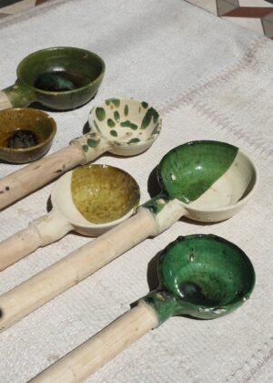 Green Glazed Serving Spoon, Handmade Ceramic and Acacia Wood Spoon, Fruit Bowl