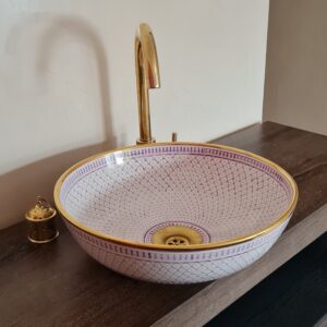 14 Karat Gold & Soft Purple Ceramic Bathroom Vessel – Customizable Sink