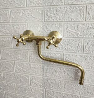 Handmade Wall Mounted Etched Kitchen Faucet | Solid Brass Faucet with Crooked Spout