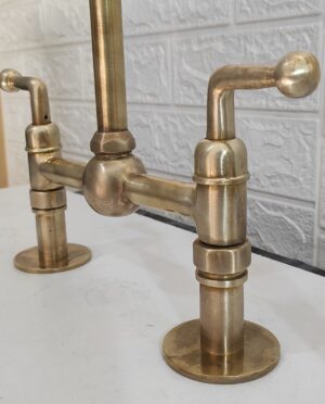 Handmade Unlacquered Brass Bridge Faucet 8” Ball Center, Straight Legs – Three Holes – Kitchen Faucet
