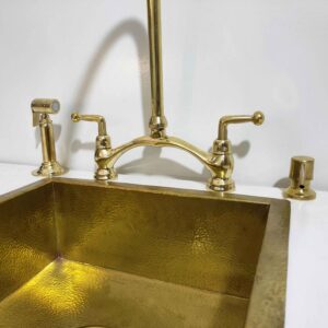 Handmade Unlacquered Brass Bridge Faucet | Pure Brass V Bridge Kitchen Faucet with Spray Side & Brass Soap Dispenser
