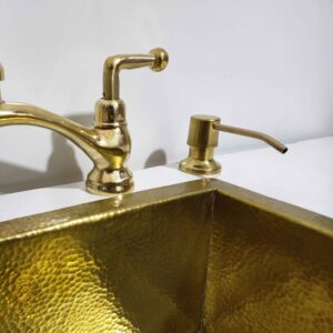 Handmade Unlacquered Brass Bridge Faucet | Pure Brass V Bridge Kitchen Faucet with Spray Side & Brass Soap Dispenser