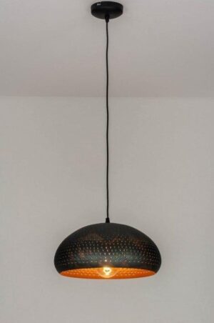 Industrial Black Suspension Lamp – Atmospheric Effect – Warm Golden Interior – LED Compatible