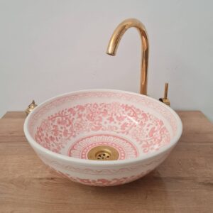 Handmade Pink & White Moroccan Bathroom Vessel Sink – Elegant Artisan Basin