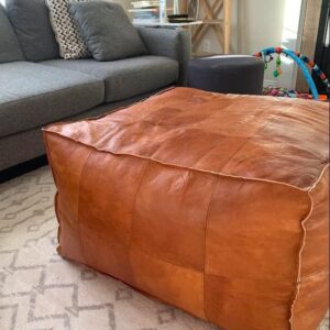 Handmade Leather Pouf Ottoman for Living Room Decor | Square Moroccan Pouf Coffee Table