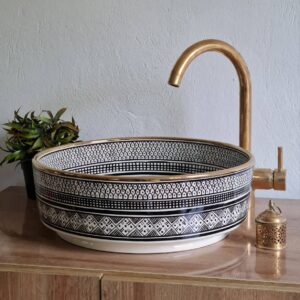 Mid-Century Modern Vanity Sink with Brushed Solid Brass Rim and Fish Scales Minimalist Design